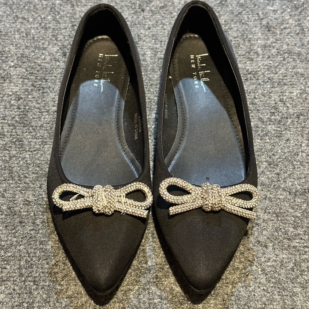 Nicole Miller Black Flats with Silver Embellished Bow
